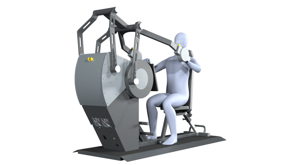 3D-Modell einer Person führt die Übung Brustpresse auf einem Sparkfield Core Fitnessgerät aus, das die Vielseitigkeit und Funktionalität der Geräte für ein umfassendes Ganzkörpertraining demonstriert.