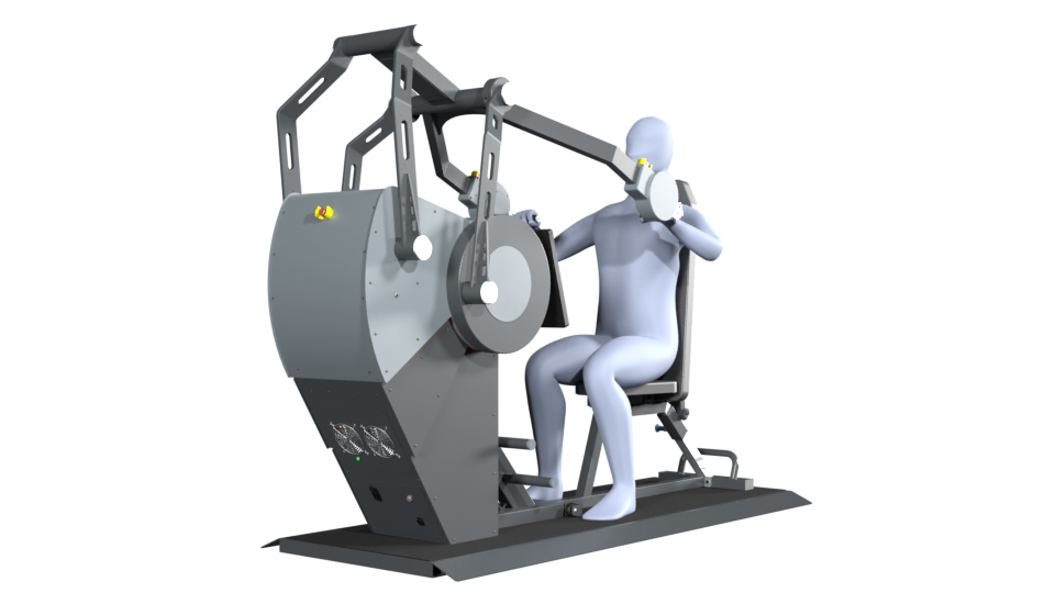 3D model of a person performing the exercise bench press on a Sparkfield Core Fitness device, demonstrating the versatility and functionality of the equipment for a comprehensive full-body workout.