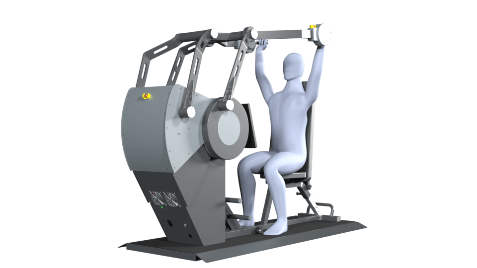 3D-Modell einer Person führt die Übung Schulterpresse auf einem Sparkfield Core Fitnessgerät aus, das die Vielseitigkeit und Funktionalität der Geräte für ein umfassendes Ganzkörpertraining demonstriert.