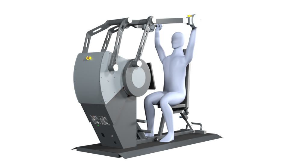 3D model of a person performing the exercise shoulder press on a Sparkfield Core Fitness device, demonstrating the versatility and functionality of the equipment for a comprehensive full-body workout.