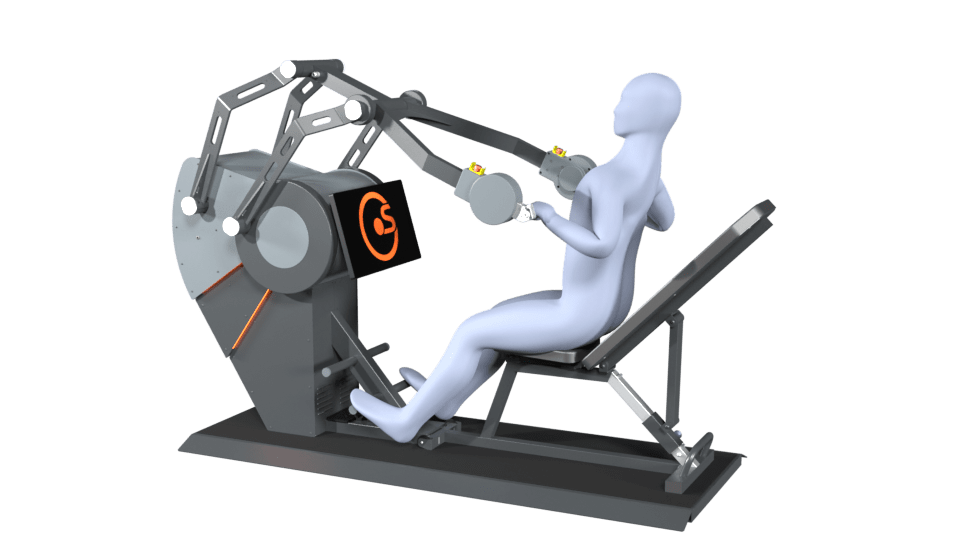 3D-Modell einer Person führt die Übung Rudern sitzend auf einem Sparkfield Core Fitnessgerät aus, das die Vielseitigkeit und Funktionalität der Geräte für ein umfassendes Ganzkörpertraining demonstriert.