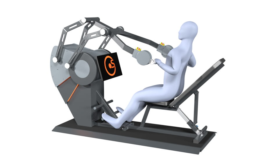 3D model of a person performing the exercise seated row on a Sparkfield Core Fitness device, demonstrating the versatility and functionality of the equipment for a comprehensive full-body workout.