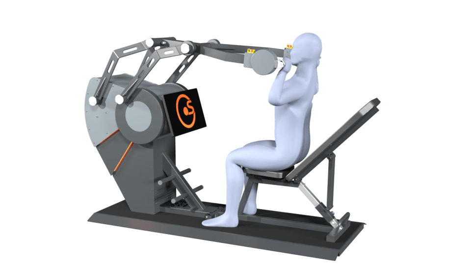 3D-Modell einer Person führt die Übung Latzug auf einem Sparkfield Core Fitnessgerät aus, das die Vielseitigkeit und Funktionalität der Geräte für ein umfassendes Ganzkörpertraining demonstriert.