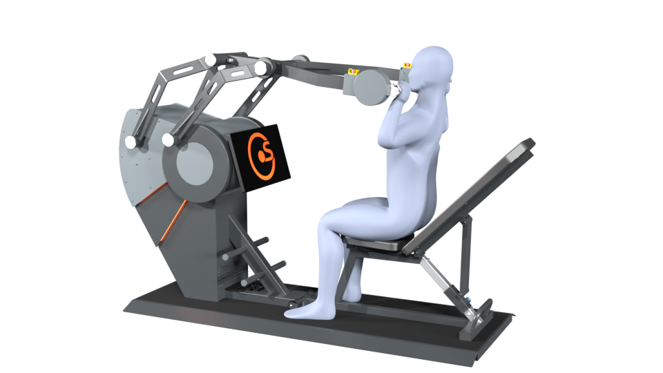 3D model of a person performing the exercise lat pull on a Sparkfield Core Fitness device, demonstrating the versatility and functionality of the equipment for a comprehensive full-body workout.