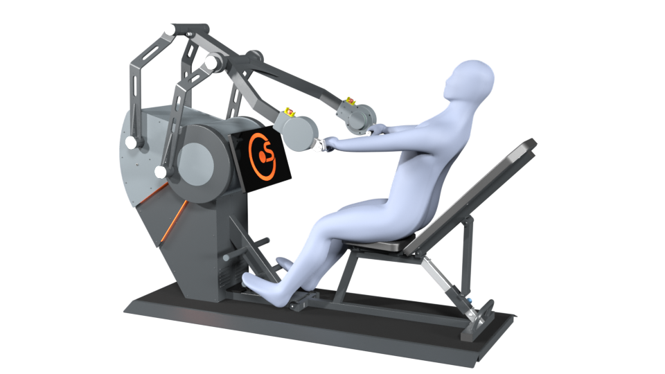 3D model of a person performing the exercise back extensions on a Sparkfield Core Fitness device, demonstrating the versatility and functionality of the equipment for a comprehensive full-body workout.
