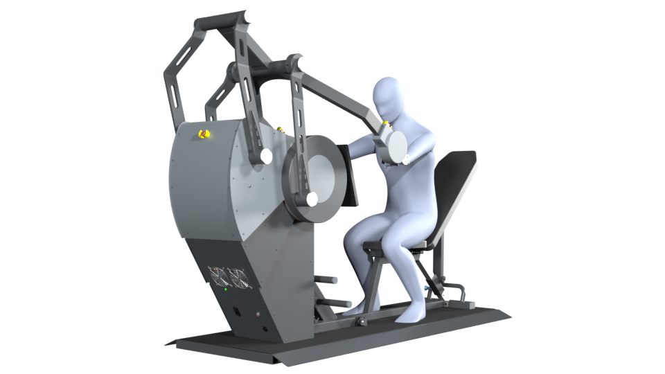 3D model of a person performing the exercise crunches on a Sparkfield Core Fitness device, demonstrating the versatility and functionality of the equipment for a comprehensive full-body workout.