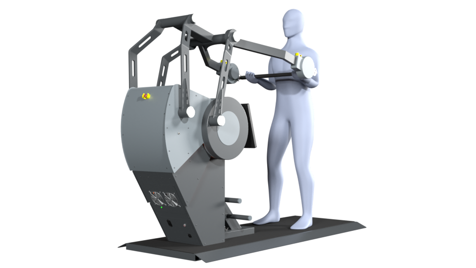 3D model of a person performing the exercise biceps curl on a Sparkfield Core Fitness device, demonstrating the versatility and functionality of the equipment for a comprehensive full-body workout.