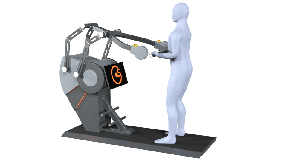3D-Modell einer Person führt die Übung Trizepsdrücken auf einem Sparkfield Core Fitnessgerät aus, das die Vielseitigkeit und Funktionalität der Geräte für ein umfassendes Ganzkörpertraining demonstriert.