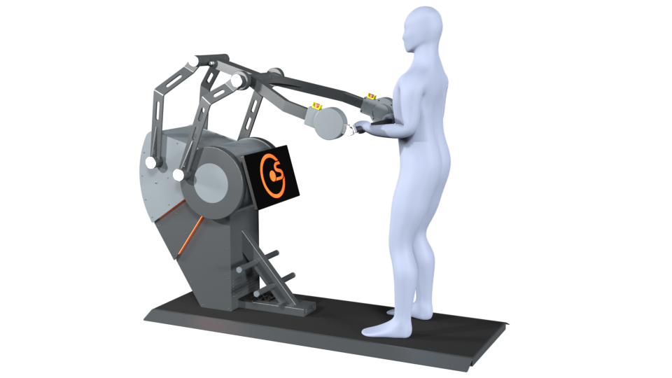 3D model of a person performing the exercise triceps pushdowns on a Sparkfield Core Fitness device, demonstrating the versatility and functionality of the equipment for a comprehensive full-body workout.