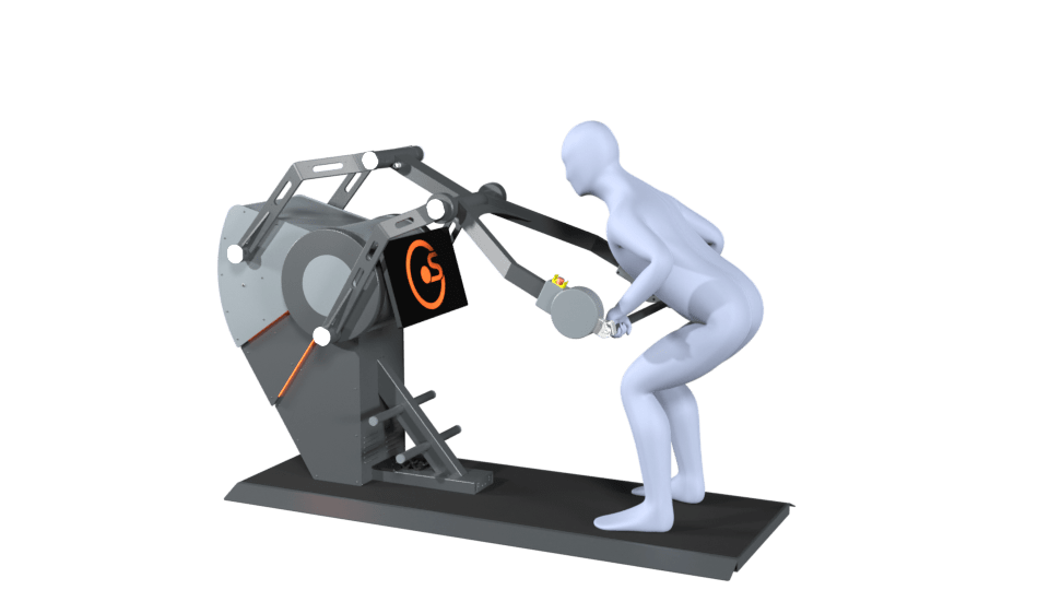 3D-Modell einer Person führt die Übung Rudern stehend auf einem Sparkfield Core Fitnessgerät aus, das die Vielseitigkeit und Funktionalität der Geräte für ein umfassendes Ganzkörpertraining demonstriert.