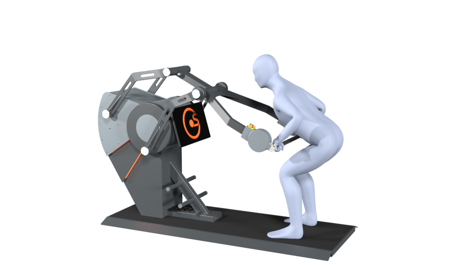 3D model of a person performing the exercise standing row on a Sparkfield Core Fitness device, demonstrating the versatility and functionality of the equipment for a comprehensive full-body workout.