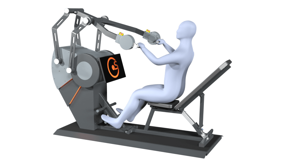 3D-Modell einer Person führt die Übung Schrägrudern auf einem Sparkfield Core Fitnessgerät aus, das die Vielseitigkeit und Funktionalität der Geräte für ein umfassendes Ganzkörpertraining demonstriert.