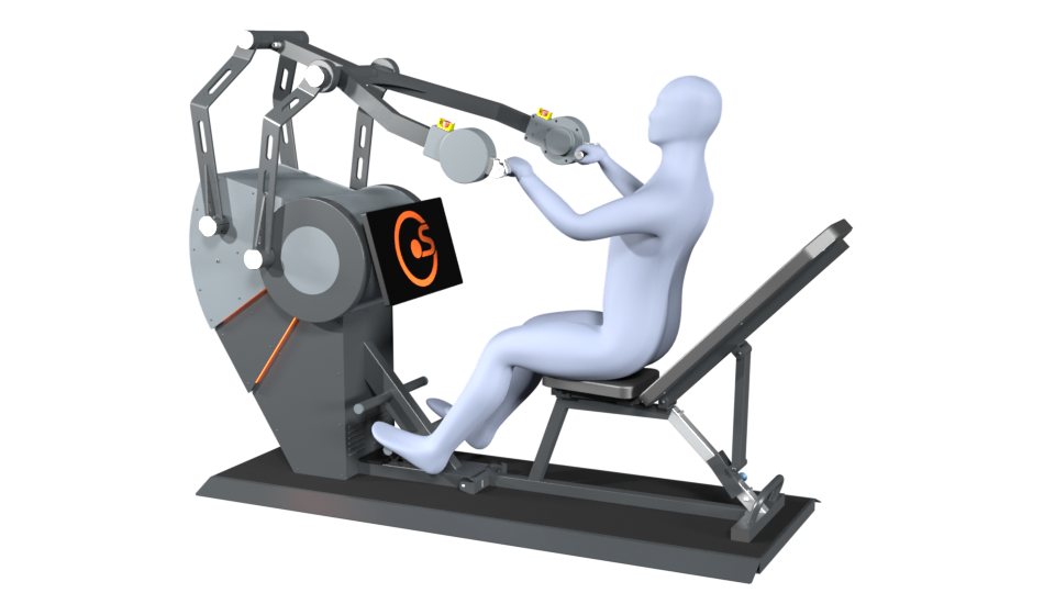 3D model of a person performing the exercise incline row on a Sparkfield Core Fitness device, demonstrating the versatility and functionality of the equipment for a comprehensive full-body workout.