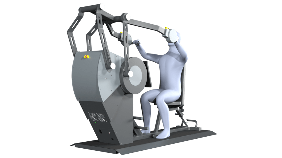 3D-Modell einer Person führt die Übung Schrägbankdrücken auf einem Sparkfield Core Fitnessgerät aus, das die Vielseitigkeit und Funktionalität der Geräte für ein umfassendes Ganzkörpertraining demonstriert.