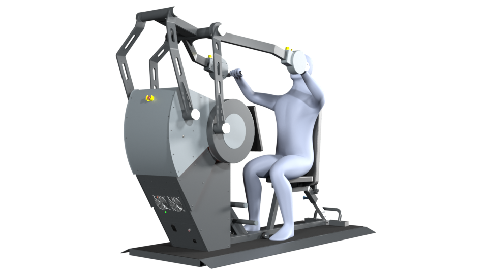 3D model of a person performing the exercise incl bench press on a Sparkfield Core Fitness device, demonstrating the versatility and functionality of the equipment for a comprehensive full-body workout.