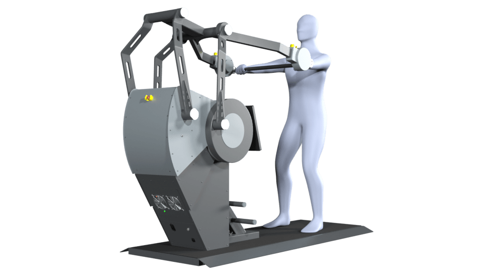 3D-Modell einer Person führt die Übung Frontheben auf einem Sparkfield Core Fitnessgerät aus, das die Vielseitigkeit und Funktionalität der Geräte für ein umfassendes Ganzkörpertraining demonstriert.