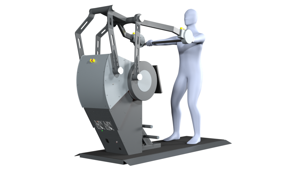 3D model of a person performing the exercise barbell front raise on a Sparkfield Core Fitness device, demonstrating the versatility and functionality of the equipment for a comprehensive full-body workout.