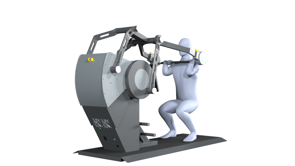 3D-Modell einer Person führt die Übung Frontkniebeuge auf einem Sparkfield Core Fitnessgerät aus, das die Vielseitigkeit und Funktionalität der Geräte für ein umfassendes Ganzkörpertraining demonstriert.