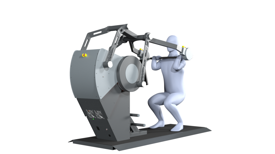 3D model of a person performing the exercise front squat on a Sparkfield Core Fitness device, demonstrating the versatility and functionality of the equipment for a comprehensive full-body workout.