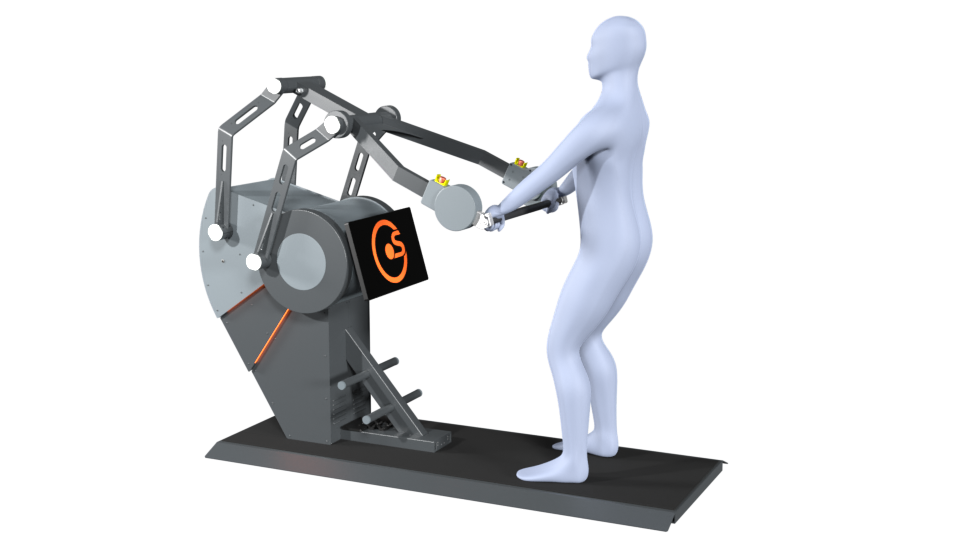3D model of a person performing the exercise straight arm pull down on a Sparkfield Core Fitness device, demonstrating the versatility and functionality of the equipment for a comprehensive full-body workout.