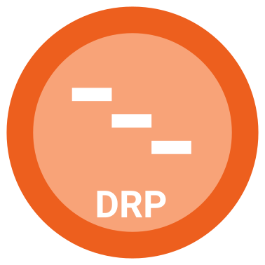 Rundes, orangefarbenes Icon mit der Aufschrift 'DRP', das für Reduktionssätze beim Training mit dem Sparkfield Core Premium-Fitnessgerät steht, visualisiert durch abgestufte weiße Balken, die die Verringerung der Belastung oder des Widerstands symbolisieren.