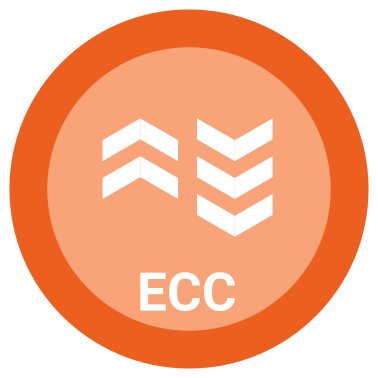 Rundes, orangefarbenes Icon mit der Aufschrift 'ECC', das die Funktion für exzentrische Überlastung beim Sparkfield Core Premium-Fitnessgerät darstellt, mit einem Pfeildesign, das die Intensivierung der Muskeldehnung während der Übungen symbolisiert.