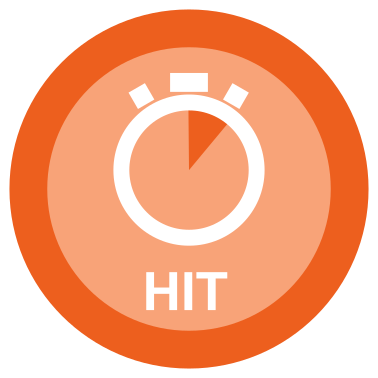Rundes, orangefarbenes Icon mit einem Timer-Symbol und der Aufschrift 'HIT' für High Intensity Training, als Feature des Premium-Fitnessgeräts Sparkfield Core.